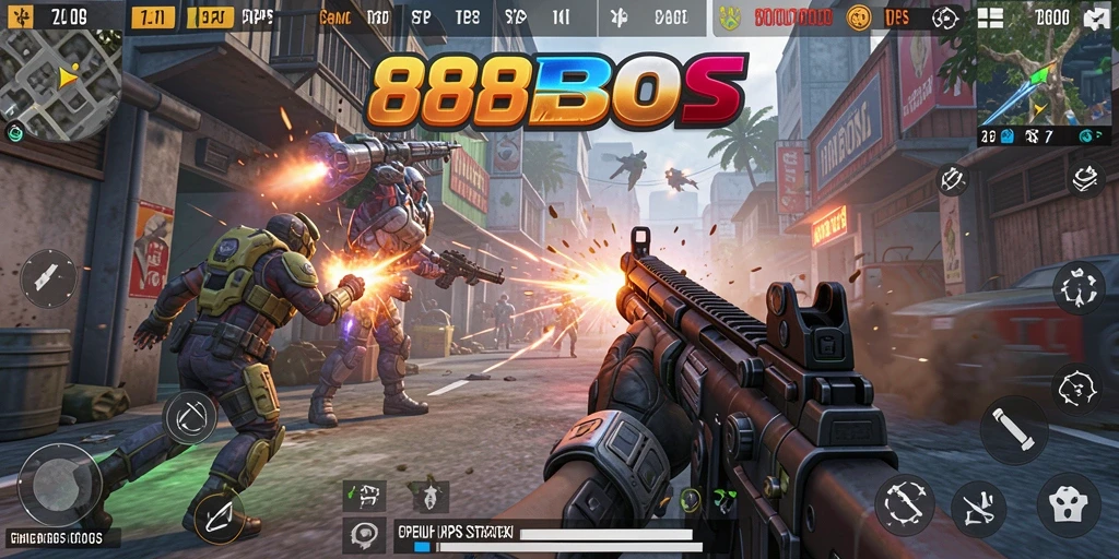 Tangkapan layar gameplay <strong>88BOS</strong> yang menampilkan aksi pertempuran TPS yang intens.