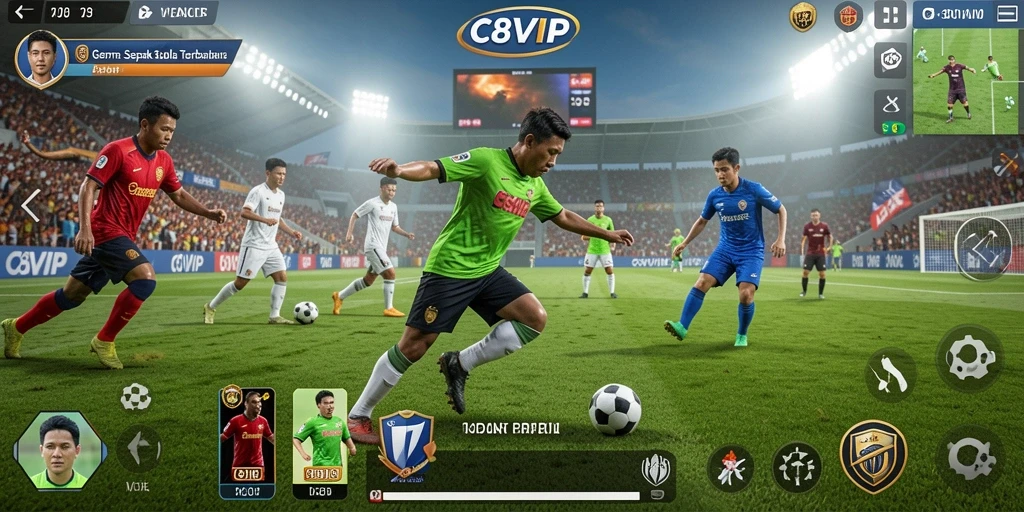 Gameplay C8VIP yang menarik dengan aksi sepak bola seru.