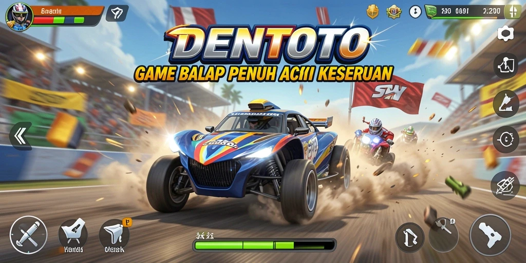 Screenshot DENTOTO menampilkan aksi balap yang mendebarkan di lintasan yang menantang.